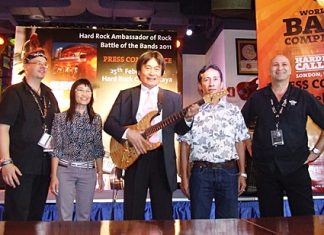 Pattaya Deputy Mayor Ronakit Ekasingh, center, opens the “battle of the bands” concert at the Ambassador Hotel on February 26.